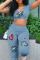Light Blue Casual Print Patchwork U Neck Short Sleeve Two Pieces