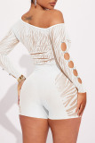 White Sexy Solid Hollowed Out Patchwork See-through Pearl Oblique Collar Skinny Jumpsuits