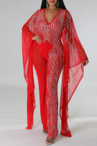 Red Sexy Solid Patchwork See-through Hot Drill V Neck Regular Jumpsuits