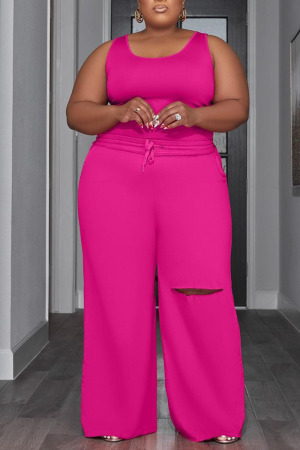 Rose Red Casual Solid Hollowed Out Patchwork U Neck Plus Size Two Pieces