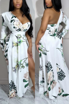 White Sexy Party Formal Floral Not Positioning Printed Slit Printing One Shoulder Printed Dress Dresses