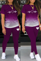 Purple Casual Gradual Change Print Basic O Neck Short Sleeve Two Pieces