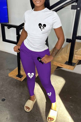 Purple Casual Print Patchwork O Neck Short Sleeve Two Pieces