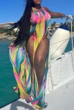 Multicolor Sexy Print Slit Swimwears Cover Up