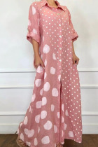 Pink Casual Print Polka Dot Patchwork Turndown Collar Shirt Dress Plus Size Dresses