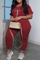 Burgundy Casual Print Slit V Neck Plus Size Two Pieces
