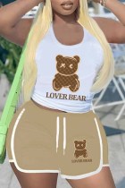 Khaki Casual Print Letter U Neck Plus Size Two Pieces