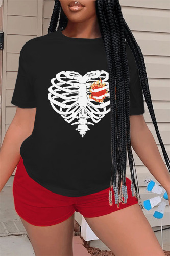 Red Casual Print Patchwork O Neck Short Sleeve Two Pieces
