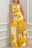 Yellow Sexy Casual Print Backless Spaghetti Strap Sleeveless Two Pieces