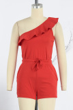 Red Casual Solid Backless Oblique Collar Sleeveless Two Pieces