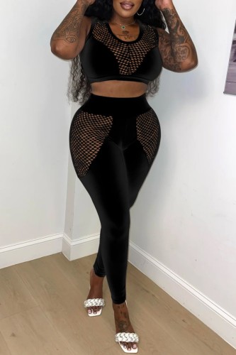 Black Casual Solid Hollowed Out See-through O Neck Sleeveless Two Pieces