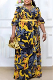 Yellow Casual Print Patchwork With Belt V Neck Printed Dress Plus Size Dresses