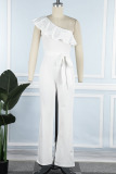 Red Casual Solid Bandage Patchwork Flounce Oblique Collar Straight Jumpsuits
