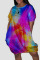 Colour Casual Gradual Change Print Patchwork O Neck Lantern Skirt Dresses