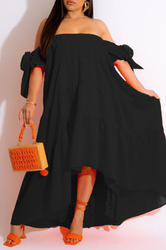 Black Casual Solid Patchwork Asymmetrical Off the Shoulder Straight Dresses
