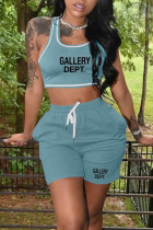 Cyan Casual Print Patchwork U Neck Sleeveless Two Pieces