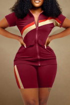 Burgundy Casual Print Patchwork Zipper Collar Short Sleeve Two Pieces