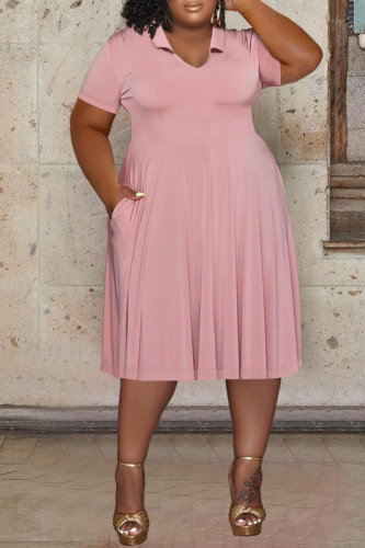 Pink Casual Solid Basic V Neck Short Sleeve Dress Plus Size Dresses