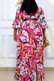 Rose Red Casual Print Patchwork With Belt V Neck Printed Dress Plus Size Dresses