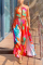 Red Sexy Vacation Floral Hollowed Out Slit Printing Halter Beach Dress Dresses