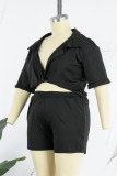 Black Sexy Solid Patchwork V Neck Plus Size Two Pieces