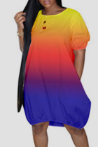 Orange Blue Casual Gradual Change Print Patchwork O Neck Lantern Skirt Dresses