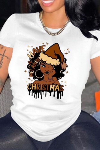 White Casual Print Basic O Neck T-Shirts