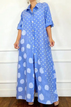 Blue Casual Print Polka Dot Patchwork Turndown Collar Shirt Dress Plus Size Dresses