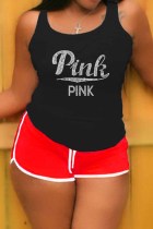 Red Casual Letter Hot Drill U Neck Plus Size Two Pieces