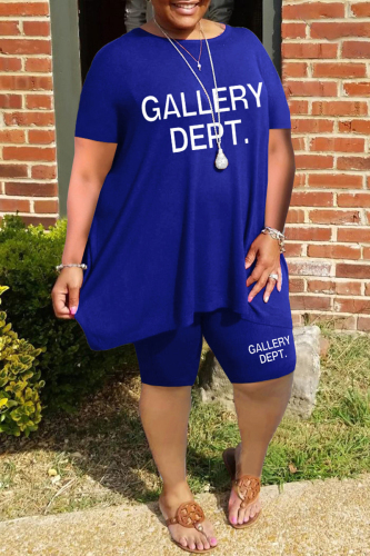 Blue Casual Letter Print Basic O Neck Plus Size Two Pieces