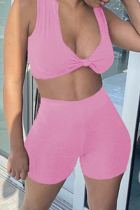 Pink Sexy Casual Solid Basic V Neck Sleeveless Two Pieces