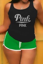 Green Casual Letter Hot Drill U Neck Plus Size Two Pieces