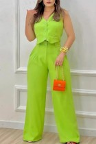 Green Casual Solid Patchwork V Neck Sleeveless Two Pieces
