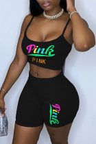 Black Sexy Casual Letter Print Backless Spaghetti Strap Sleeveless Two Pieces