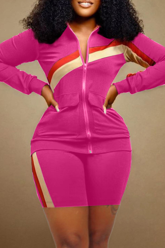 Rose Red Casual Striped Patchwork Zipper Collar Long Sleeve Two Pieces