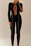 Black Sexy Solid Hollowed Out Patchwork Off the Shoulder Skinny Jumpsuits