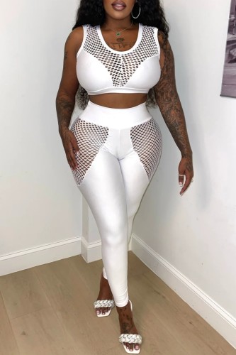 White Casual Solid Hollowed Out See-through O Neck Sleeveless Two Pieces
