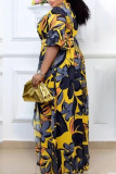 Yellow Casual Print Patchwork With Belt V Neck Printed Dress Plus Size Dresses
