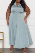 Gray Blue Casual Solid Patchwork Turndown Collar Plus Size  Sleeveless Dress