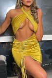 Yellow Sexy Solid Hollowed Out Backless Fold Halter Sleeveless Dress Dresses