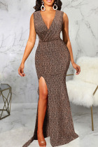 Brown Sexy Solid Patchwork Slit V Neck Long Dress Dresses