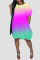 Colour Casual Gradual Change Print Patchwork O Neck Lantern Skirt Dresses