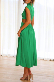 Green Sweet Elegant Solid Hollowed Out Mandarin Collar A Line Dresses