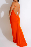 Orange Sexy Solid Backless V Neck Long Dress Dresses