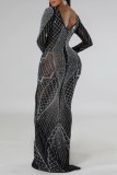 Black Sexy Formal Patchwork Hot Drilling See-through O Neck Long Dress Dresses