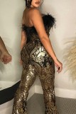 Gold Sexy Patchwork Sequins Backless Strapless Skinny Jumpsuits
