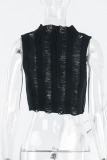 Black Sexy Solid Hollowed Out Patchwork O Neck Tops