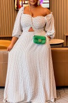 White Casual Dot Print Hollowed Out Square Collar Plus Size  Long Dress