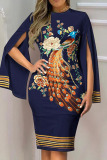 Tibetan Blue Elegant Print Patchwork V Neck One Step Skirt Dresses