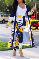 Yellow Casual Print Patchwork Cardigan Collar Long Sleeve Two Pieces